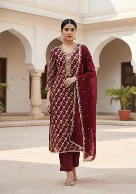 maroon Embroidery Silk Salwar Kameez
