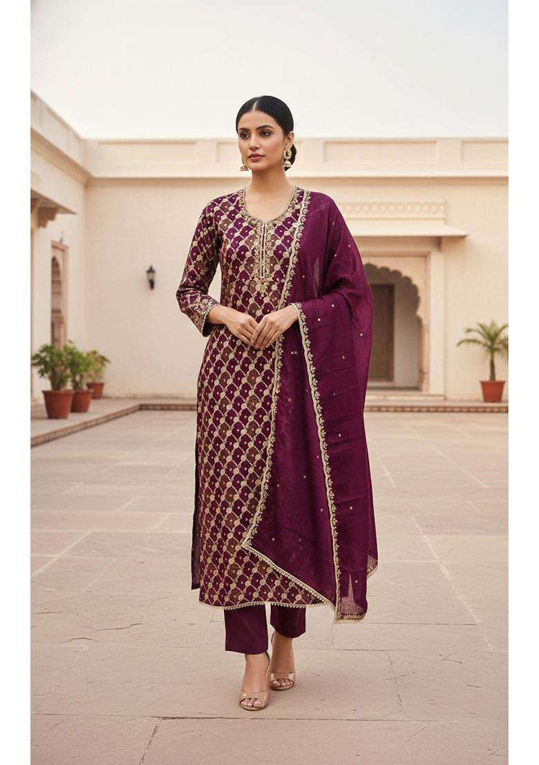 Purple Embroidery Silk Salwar Kameez - Indya