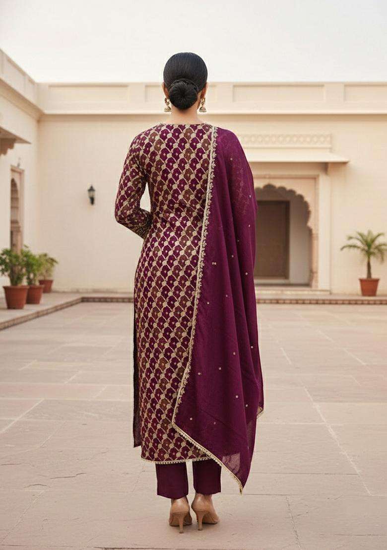 Purple Embroidery Silk Salwar Kameez - Indya