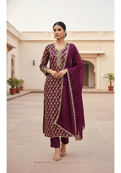 Purple Embroidery Silk Salwar Kameez