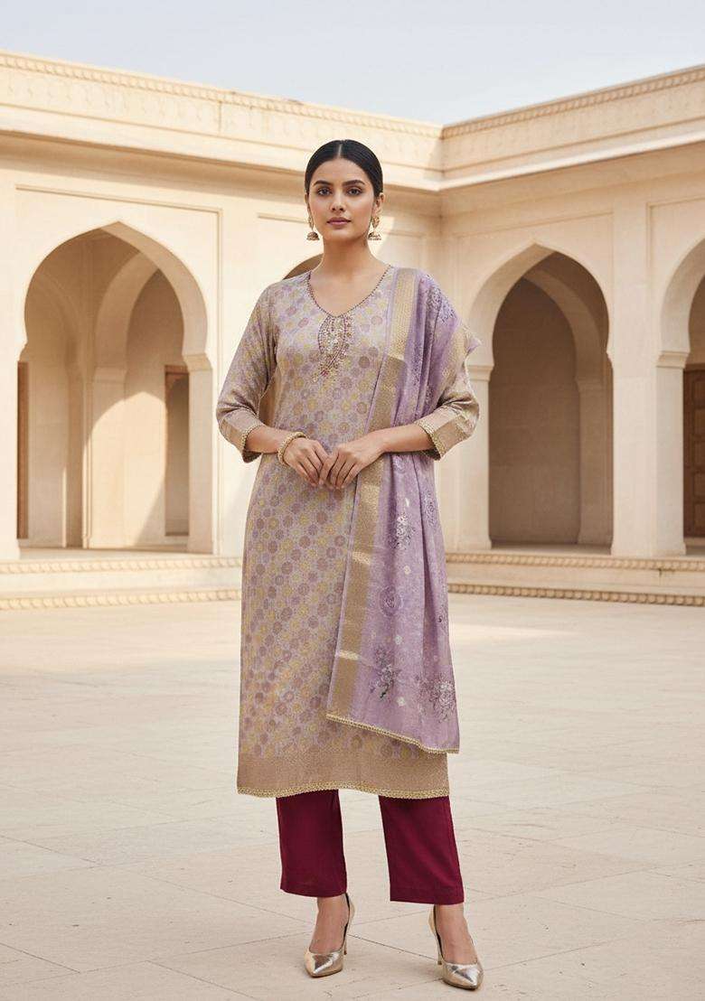 Lavender Embroidery Jacquard Salwar Kameez - Indya