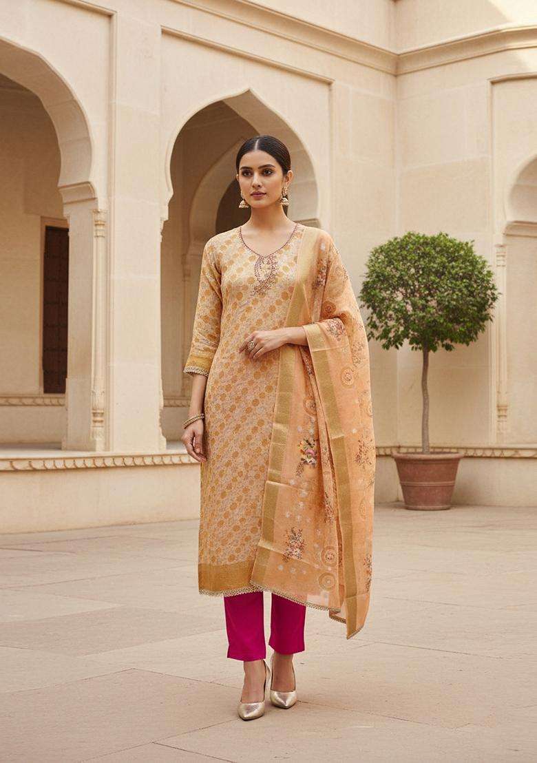 Beige Embroidery Jacquard Salwar Kameez - Indya