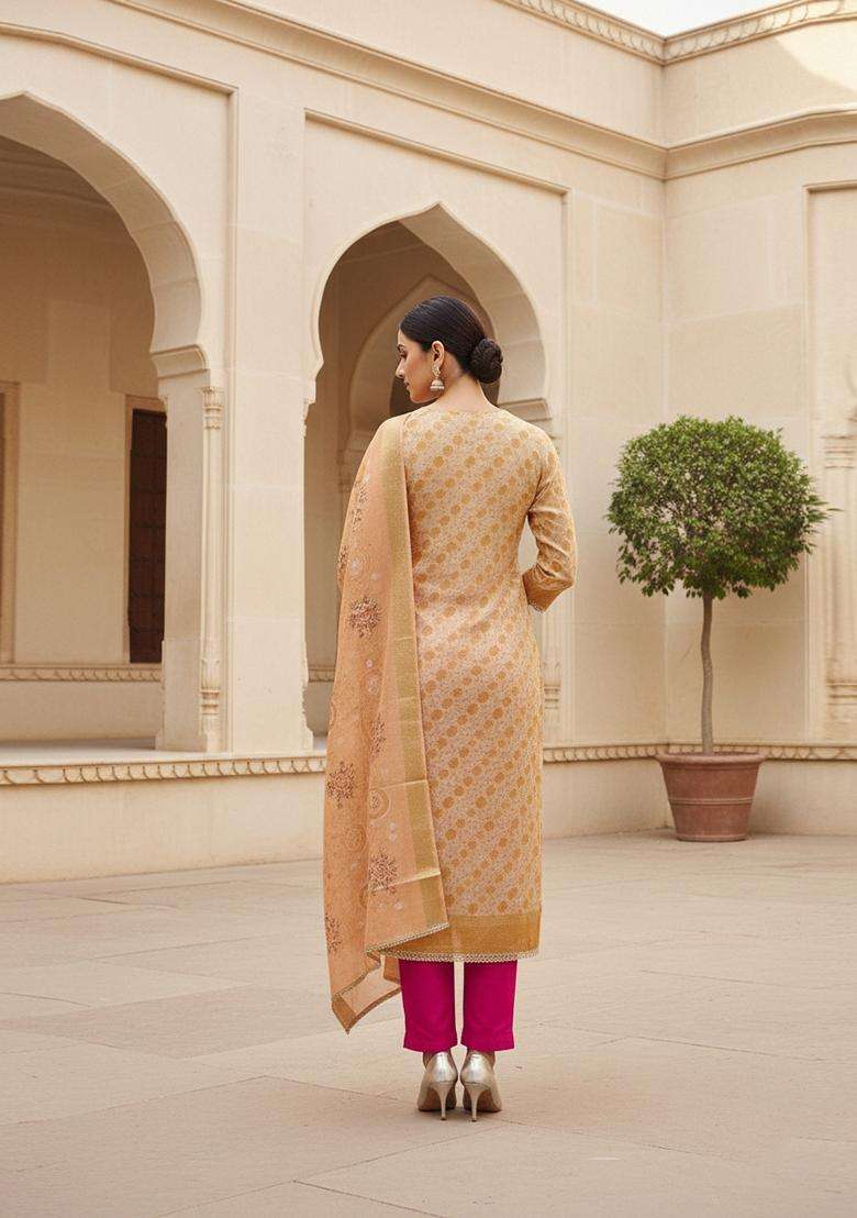 Beige Embroidery Jacquard Salwar Kameez - Indya