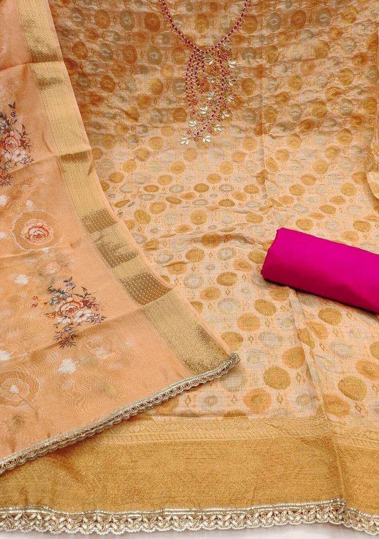 Beige Embroidery Jacquard Salwar Kameez - Indya