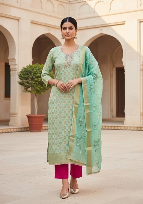 Sea Green Embroidery Jacquard Salwar Kameez