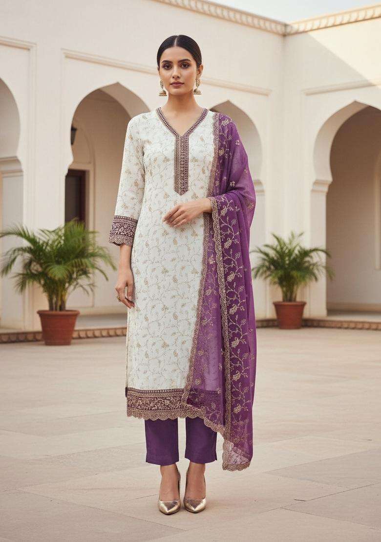 White Embroidery Georgette Salwar Kameez - Indya