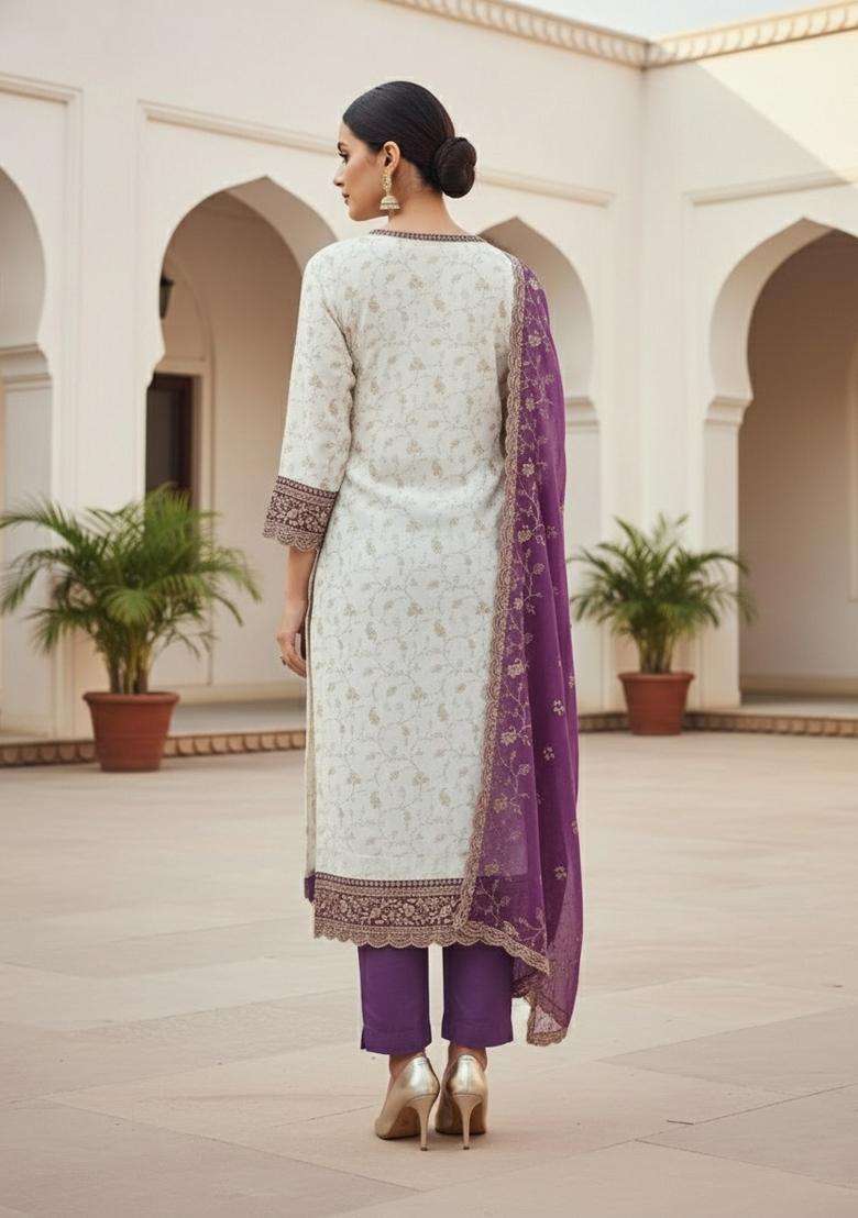 White Embroidery Georgette Salwar Kameez - Indya