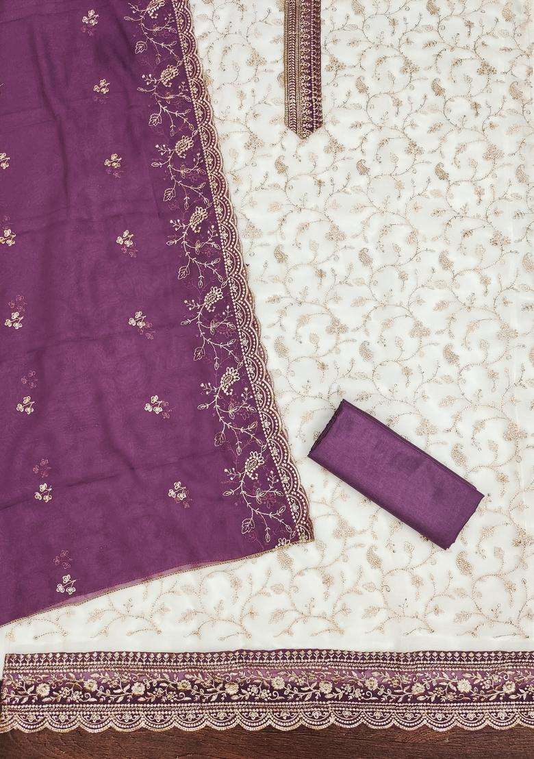 White Embroidery Georgette Salwar Kameez - Indya