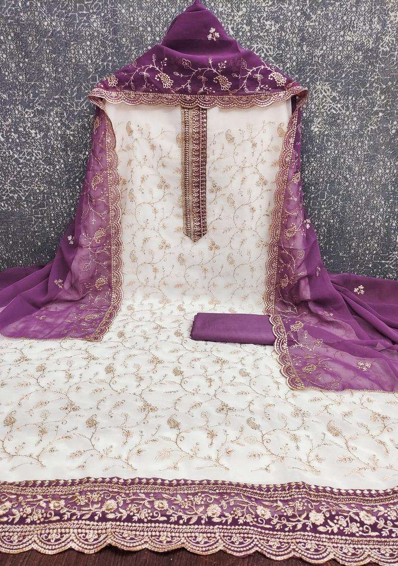 White Embroidery Georgette Salwar Kameez - Indya