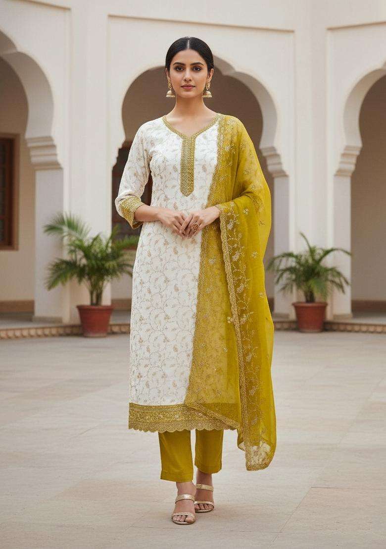 White Embroidery Georgette Salwar Kameez - Indya