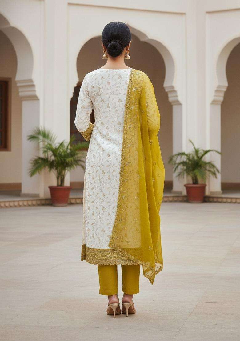 White Embroidery Georgette Salwar Kameez - Indya