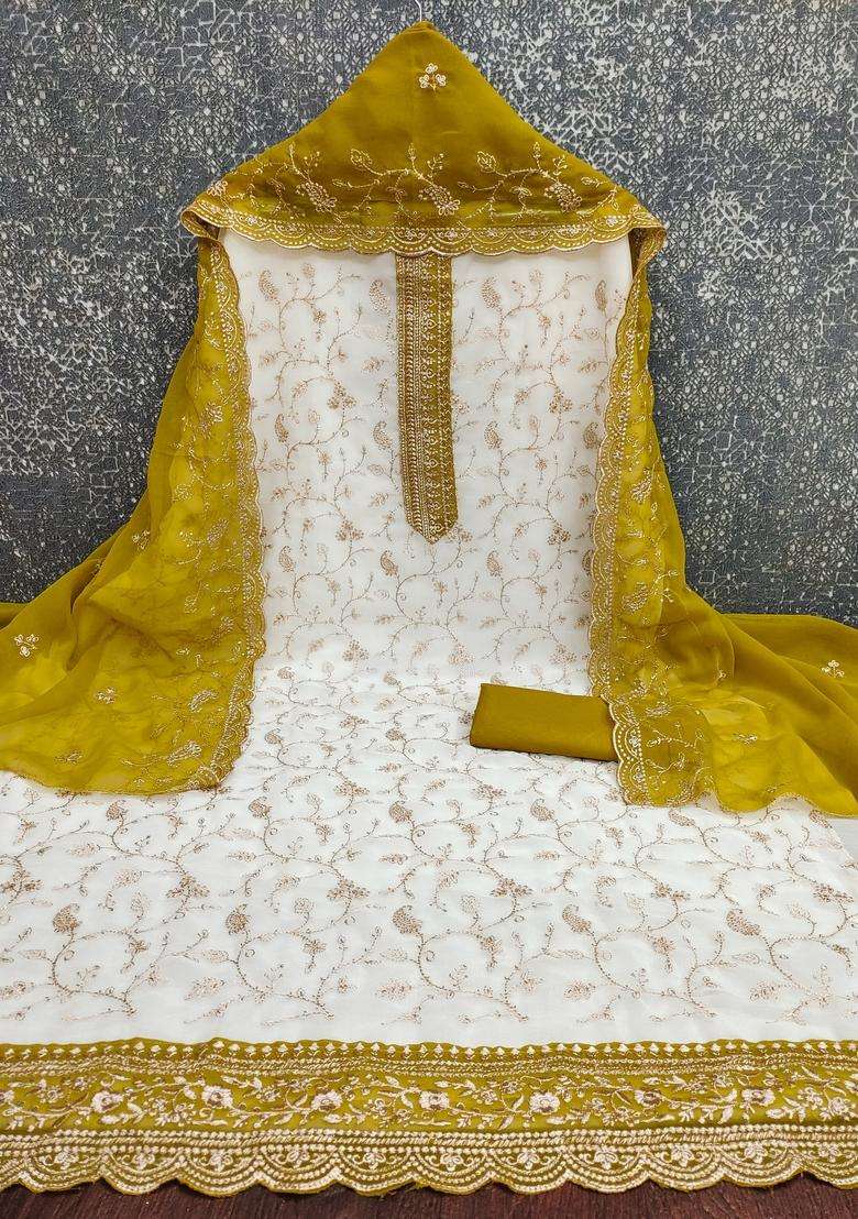 White Embroidery Georgette Salwar Kameez - Indya