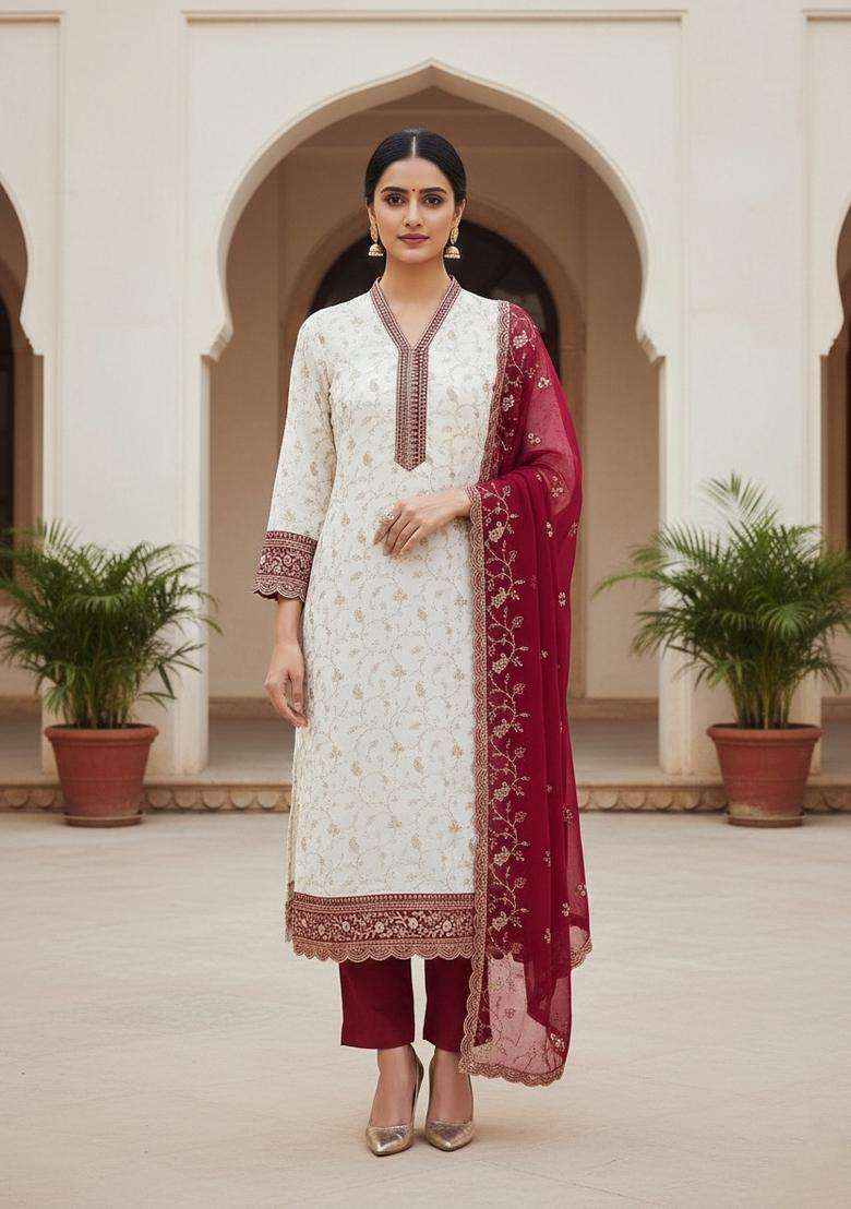 White Embroidery Georgette Salwar Kameez - Indya