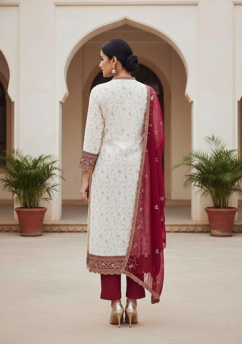 White Embroidery Georgette Salwar Kameez - Indya