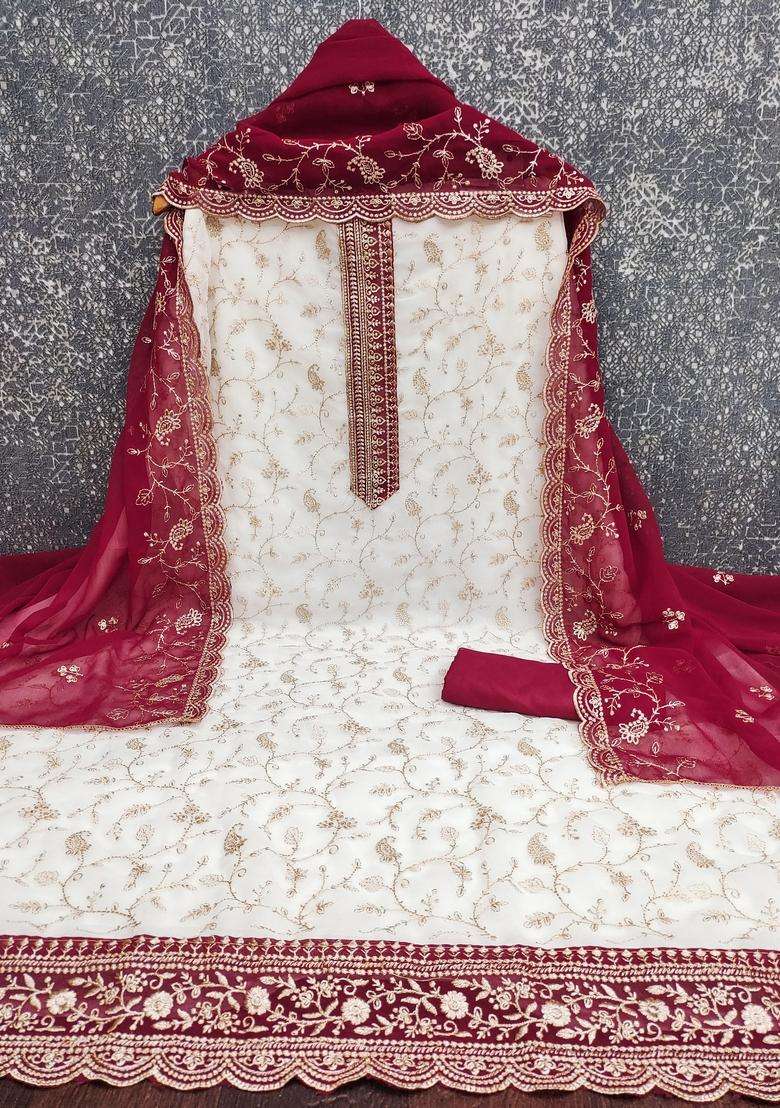 White Embroidery Georgette Salwar Kameez - Indya