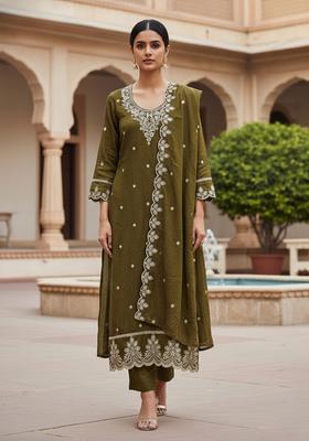 Brown Embroidery Cotton Salwar Kameez