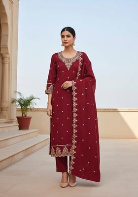 maroon Embroidery Cotton Salwar Kameez