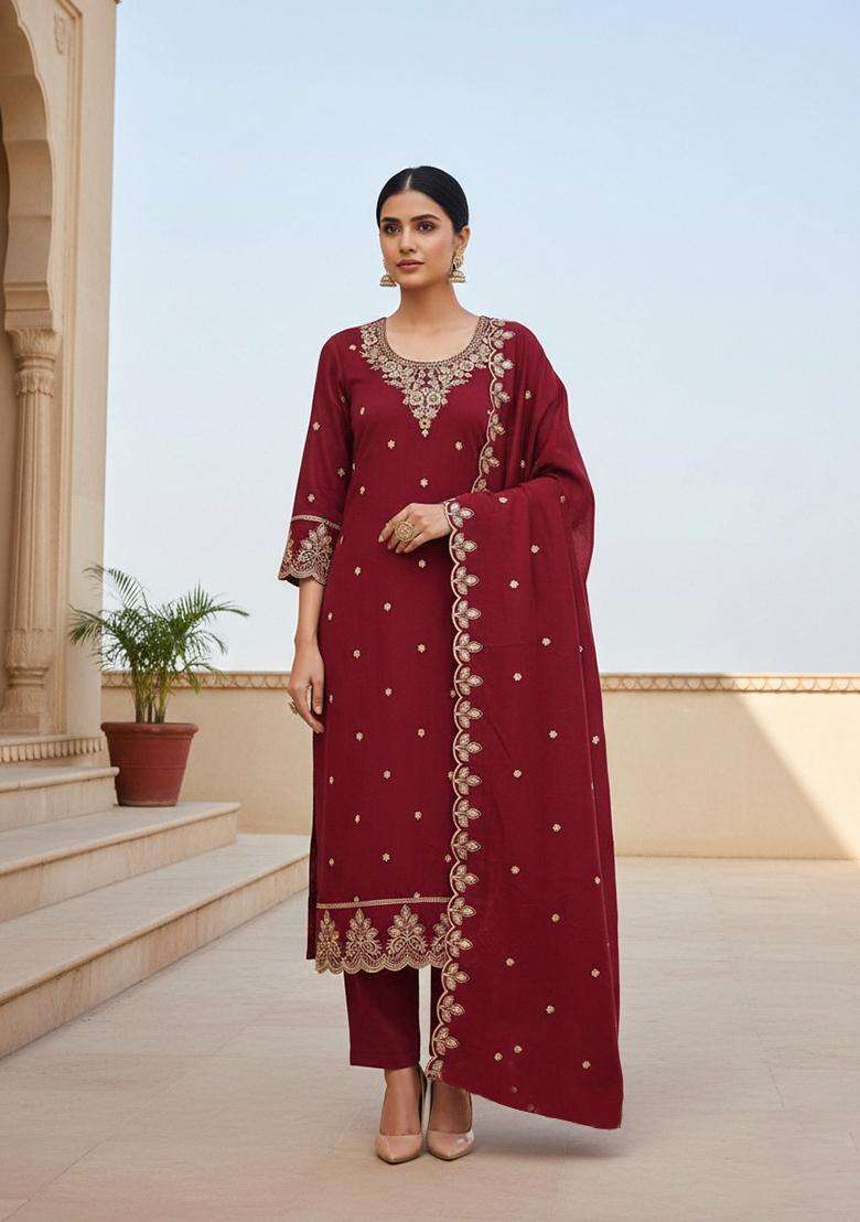 maroon Embroidery Cotton Salwar Kameez - Indya