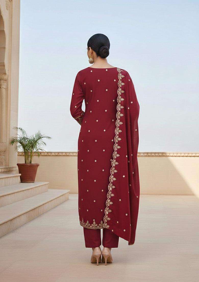 maroon Embroidery Cotton Salwar Kameez - Indya
