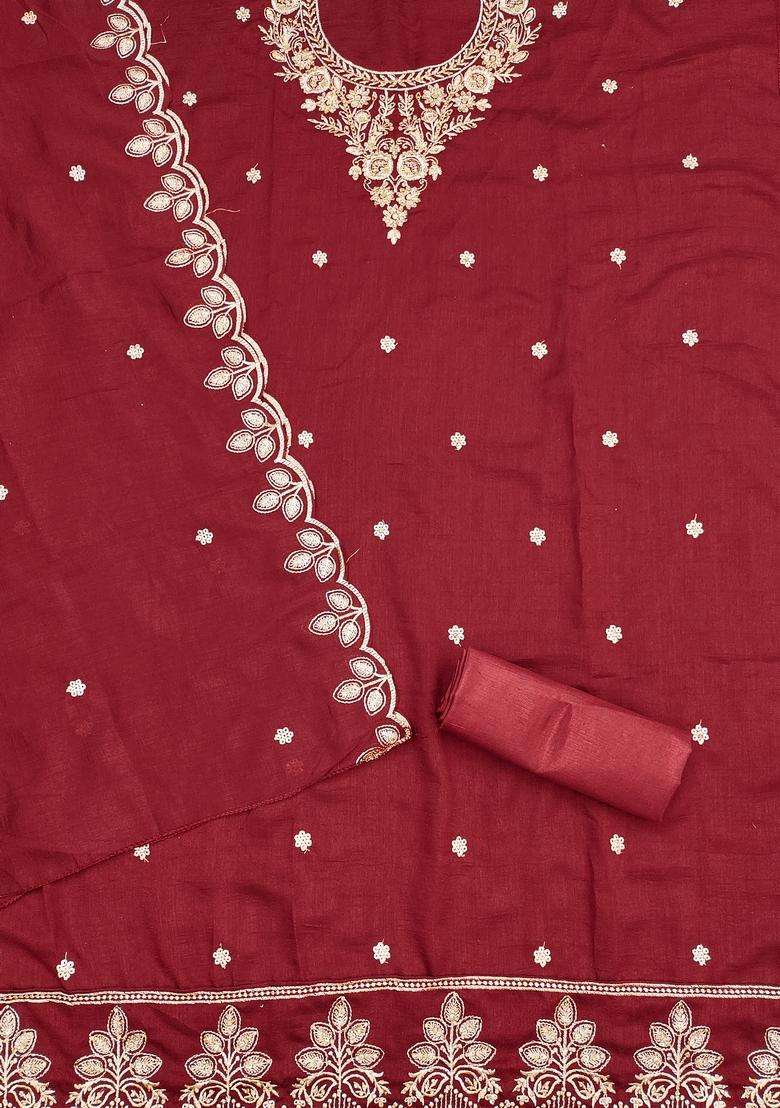 maroon Embroidery Cotton Salwar Kameez - Indya