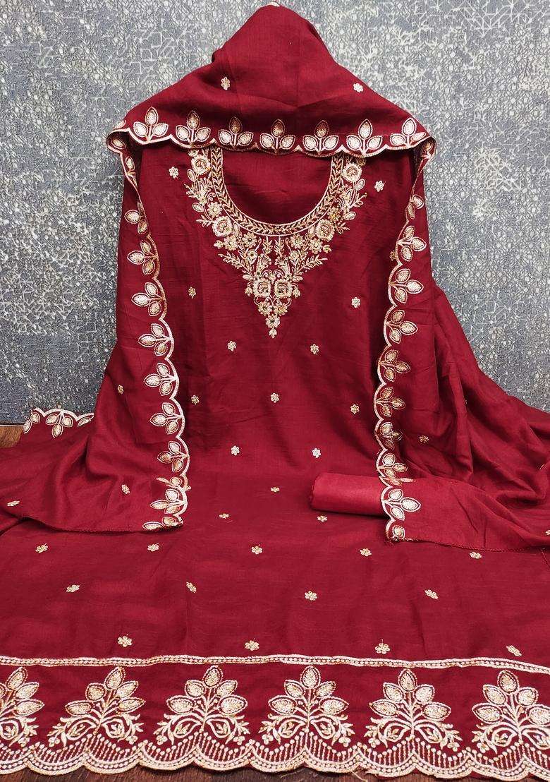 maroon Embroidery Cotton Salwar Kameez - Indya