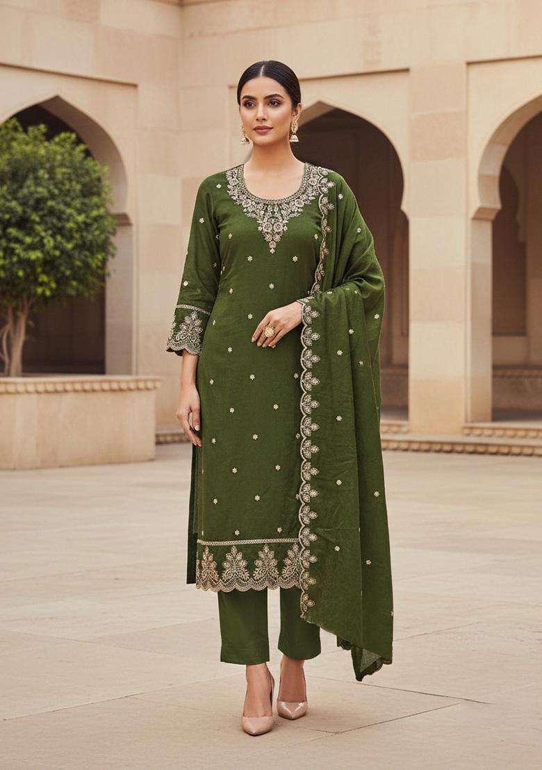 Olive Green Embroidery Cotton Salwar Kameez - Indya