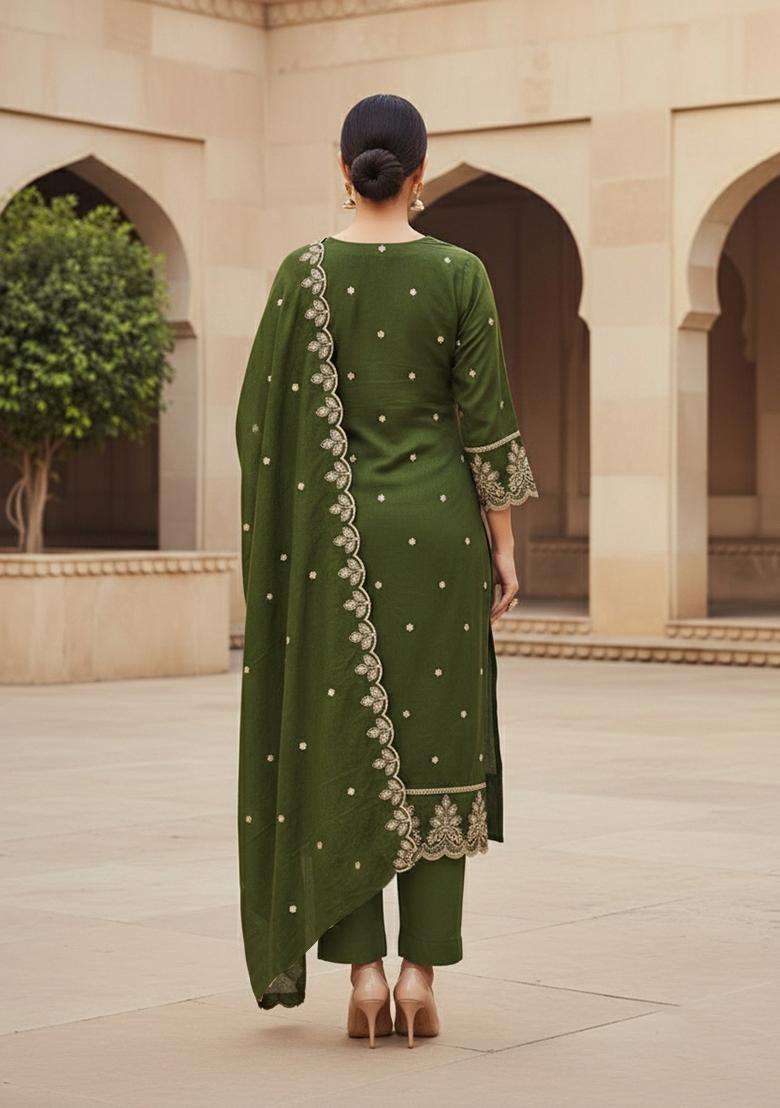 Olive Green Embroidery Cotton Salwar Kameez - Indya