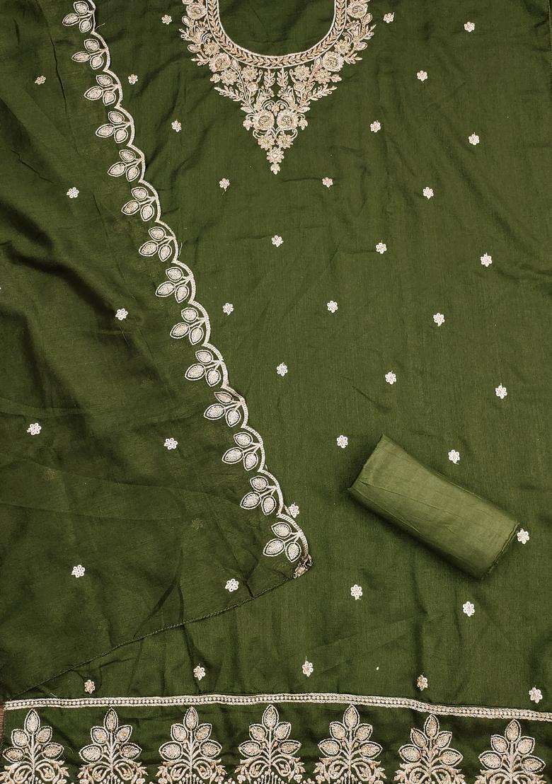 Olive Green Embroidery Cotton Salwar Kameez - Indya