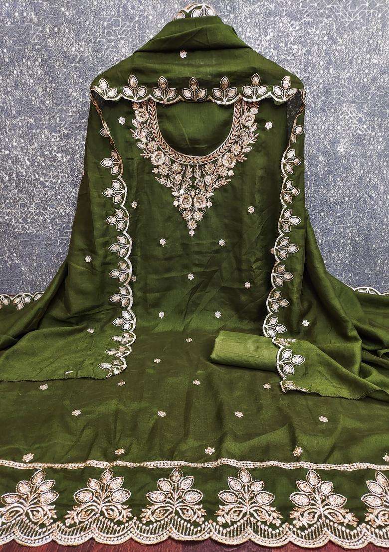 Olive Green Embroidery Cotton Salwar Kameez - Indya