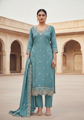 Sky Blue Embroidery Cotton Salwar Kameez