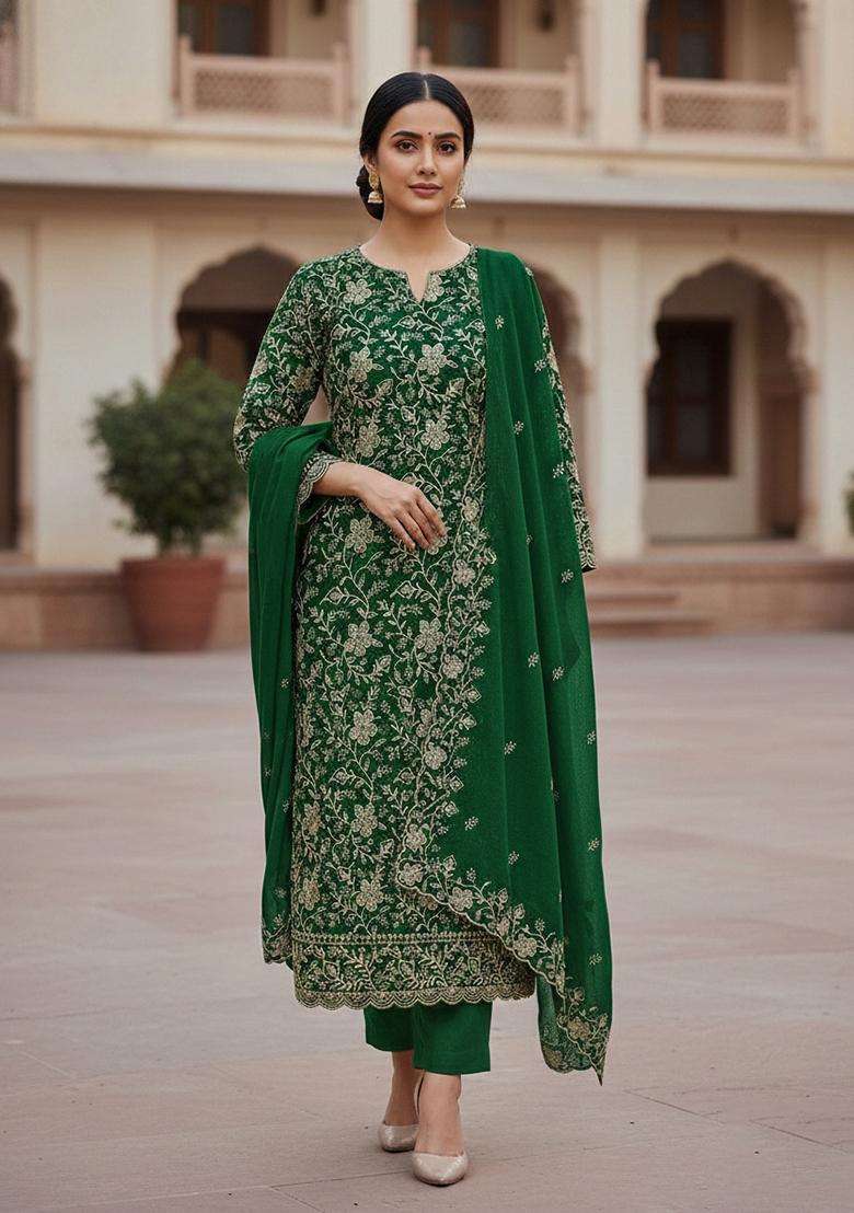 Green Embroidery Cotton Salwar Kameez - Indya