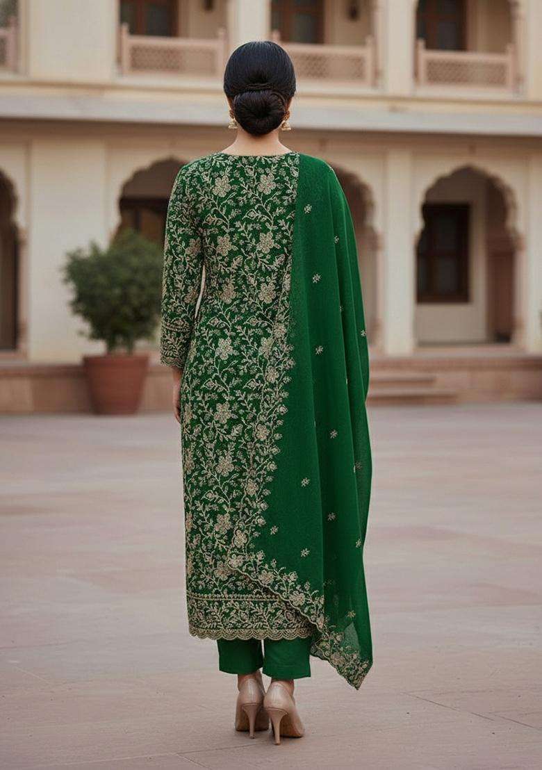 Green Embroidery Cotton Salwar Kameez - Indya