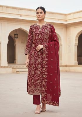 maroon Embroidery Cotton Salwar Kameez