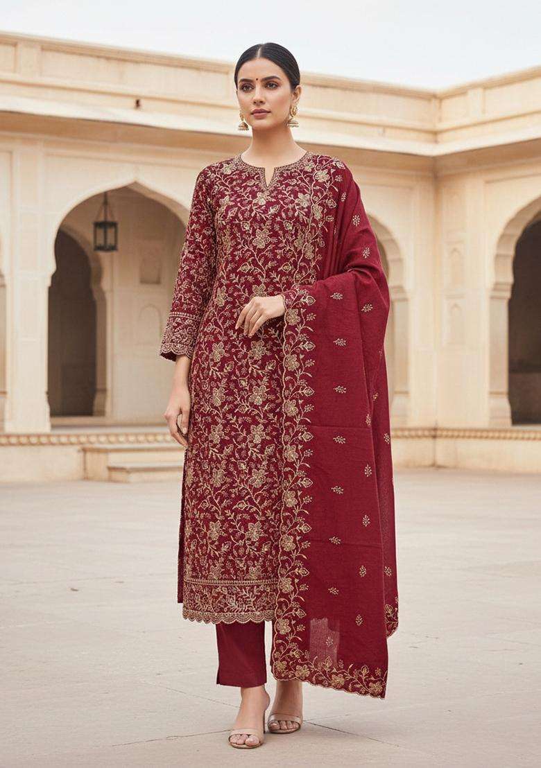 maroon Embroidery Cotton Salwar Kameez - Indya