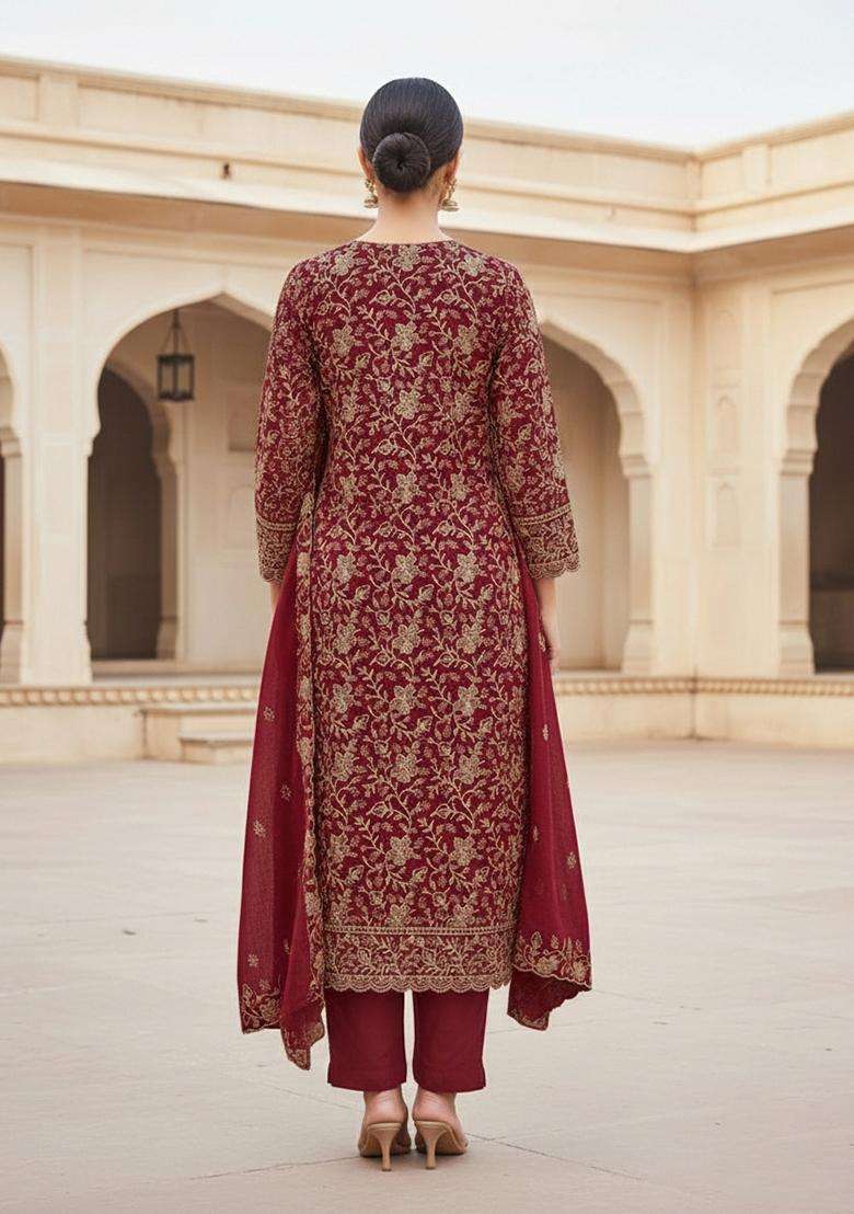 maroon Embroidery Cotton Salwar Kameez - Indya