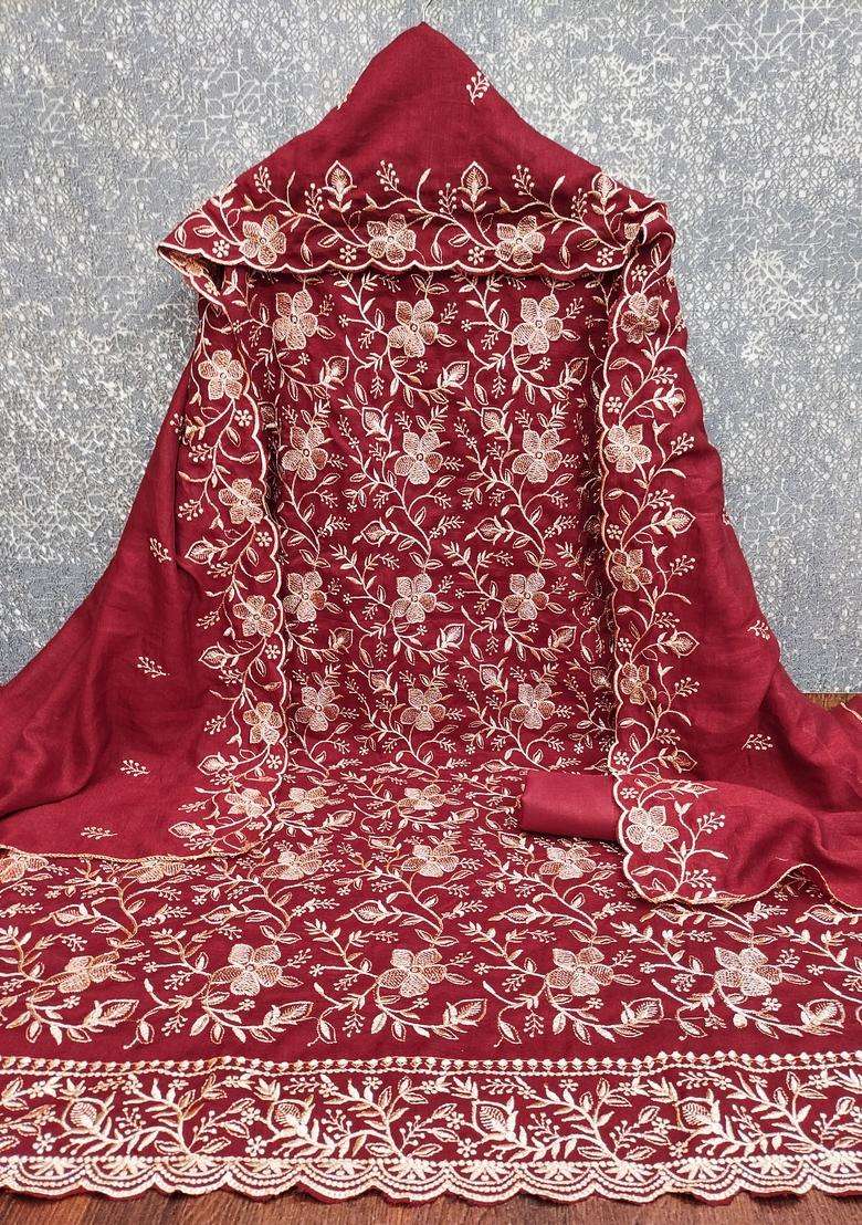 maroon Embroidery Cotton Salwar Kameez - Indya