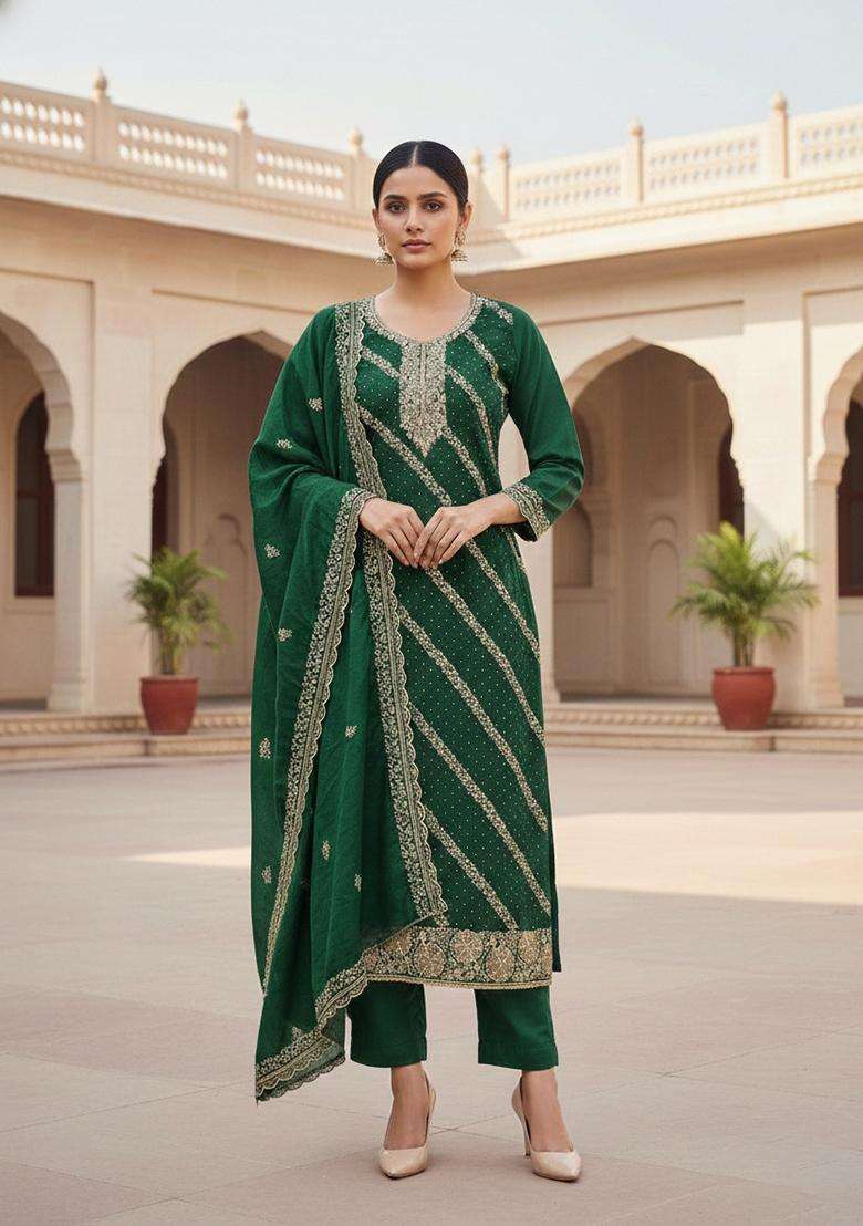 Green Embroidery Cotton Salwar Kameez - Indya