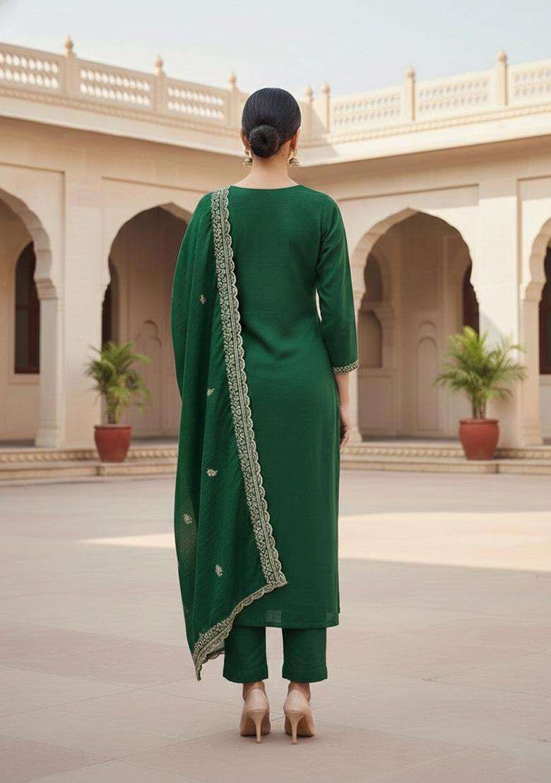 Green Embroidery Cotton Salwar Kameez - Indya