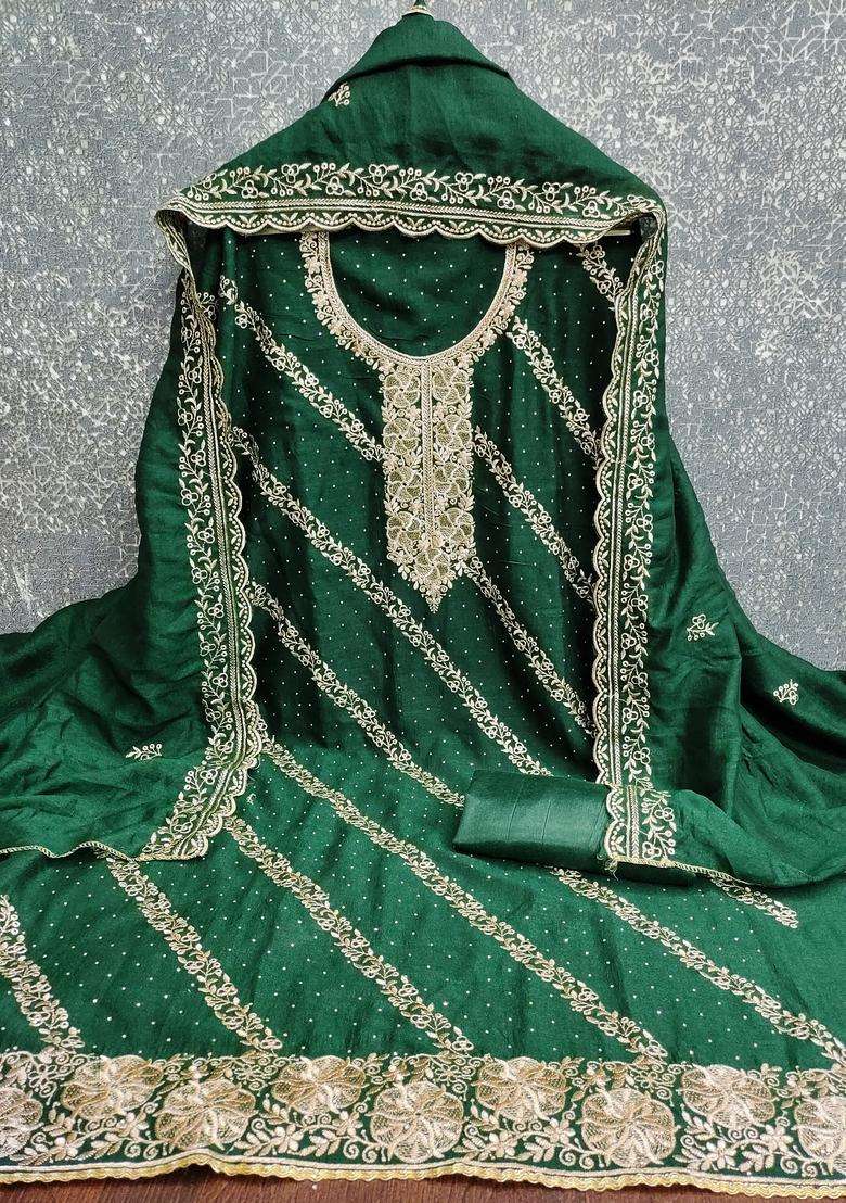 Green Embroidery Cotton Salwar Kameez - Indya
