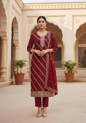 maroon Embroidery Cotton Salwar Kameez