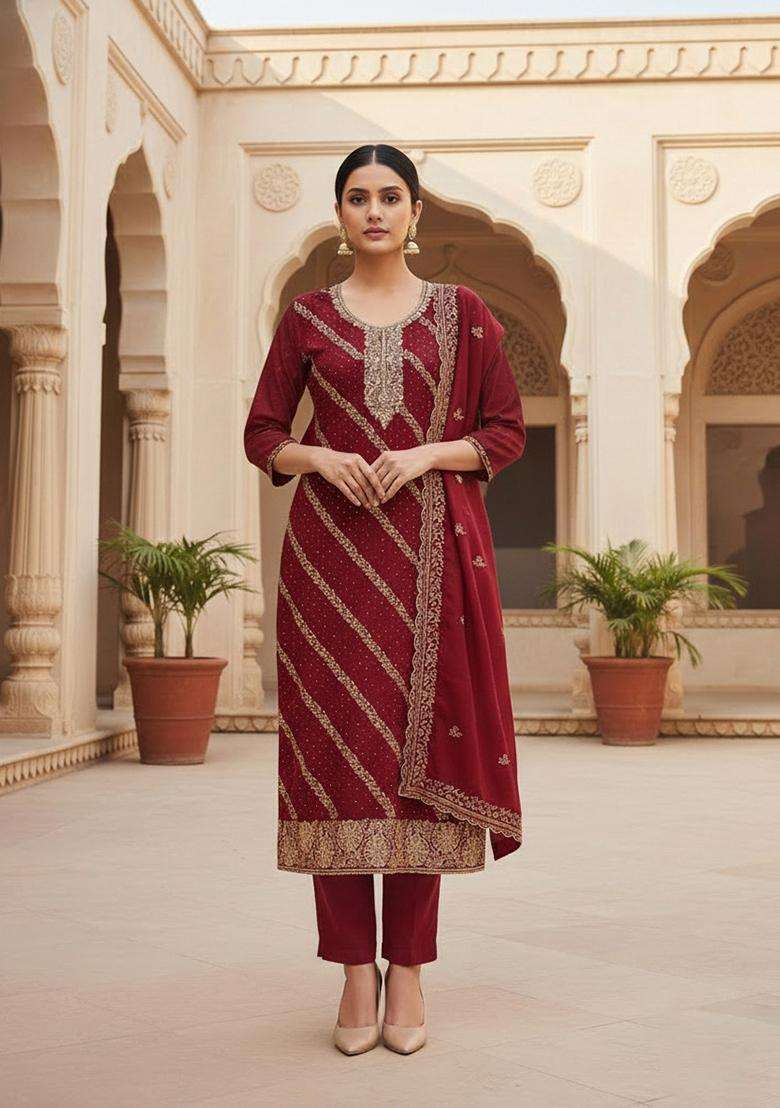 maroon Embroidery Cotton Salwar Kameez - Indya