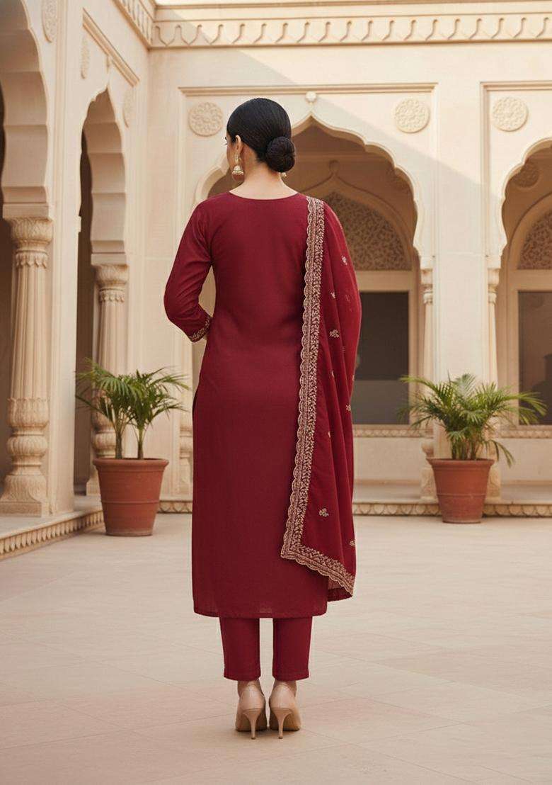 maroon Embroidery Cotton Salwar Kameez - Indya
