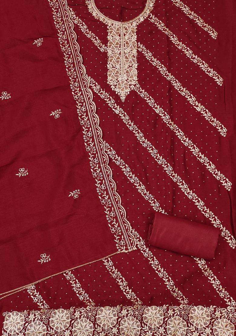 maroon Embroidery Cotton Salwar Kameez - Indya