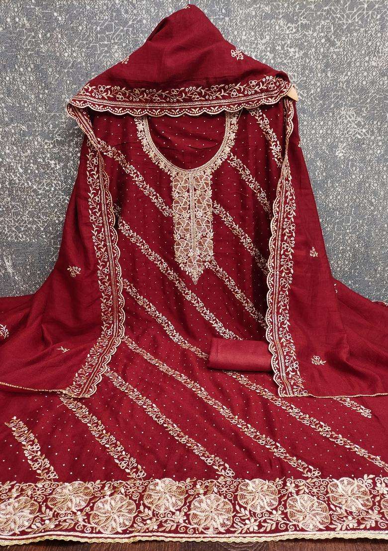 maroon Embroidery Cotton Salwar Kameez - Indya