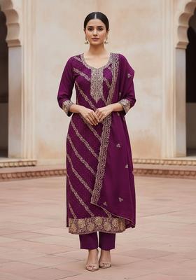 Purple Embroidery Cotton Salwar Kameez