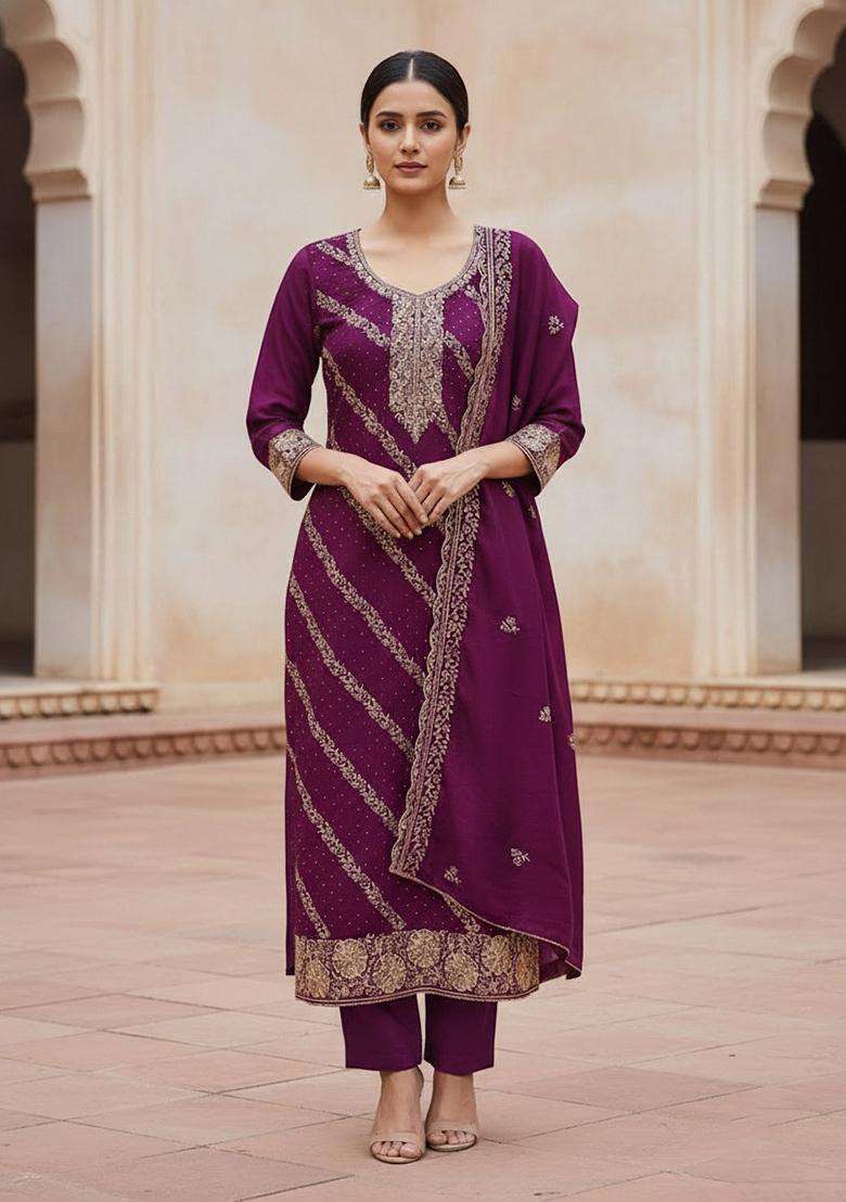 Purple Embroidery Cotton Salwar Kameez - Indya