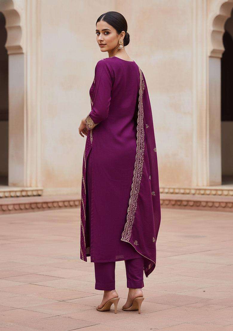 Purple Embroidery Cotton Salwar Kameez - Indya