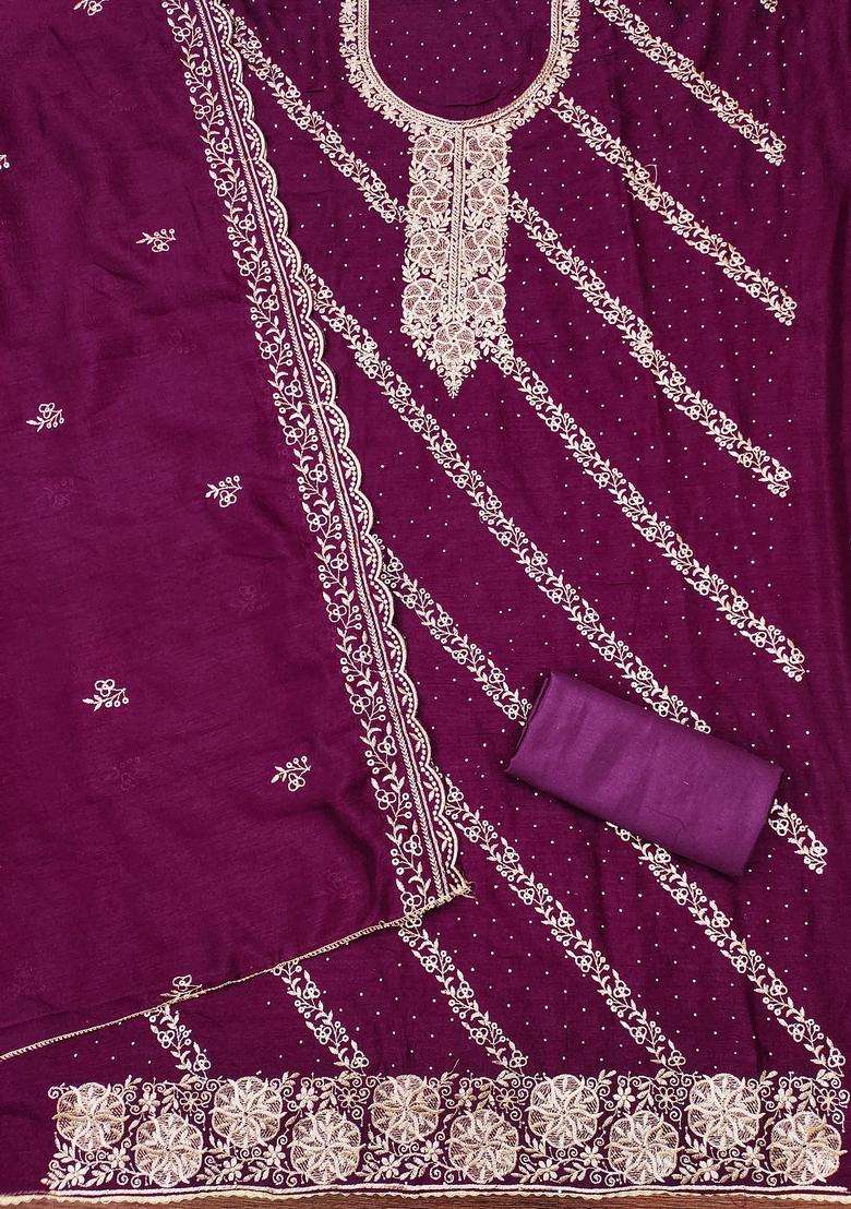 Purple Embroidery Cotton Salwar Kameez - Indya