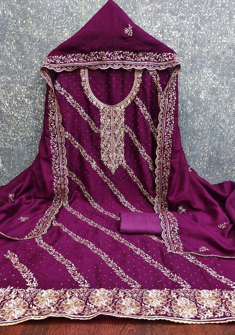 Purple Embroidery Cotton Salwar Kameez - Indya