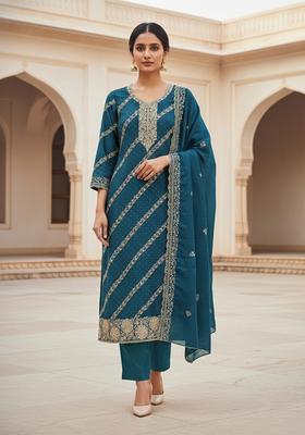 Teal Blue Embroidery Cotton Salwar Kameez
